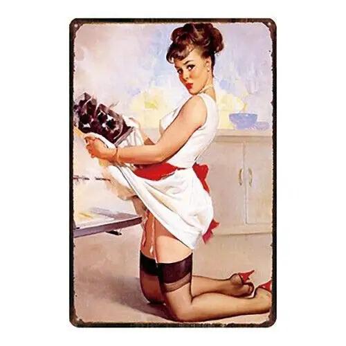 Vintage Tin Sign Pin Up Girl Metal Wall Art for Man Cave Home Bar Decor