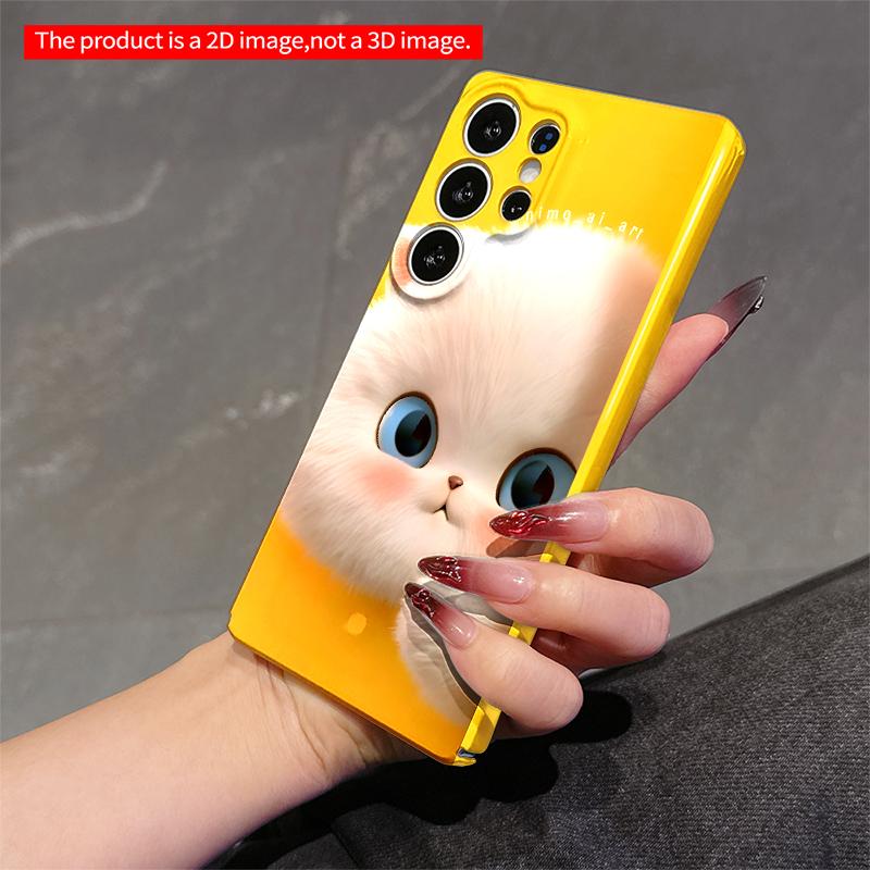 2DFlat Samsung phone case Cute White Cat Peeking Out on Yellow Background Applicable to Galaxy S23 S24 S25ULTRA S26 A12 A14 A15 A16 A54 A55