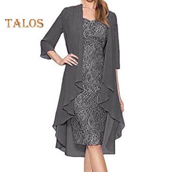 

2 шт./компл. женское платье-кардиган, комплект, кружевное платье с цветочной вышивкой и круглым вырезом, облегающее платье миди, тонкое, с рукавами три четверти, официальное пальто средней длины L серый