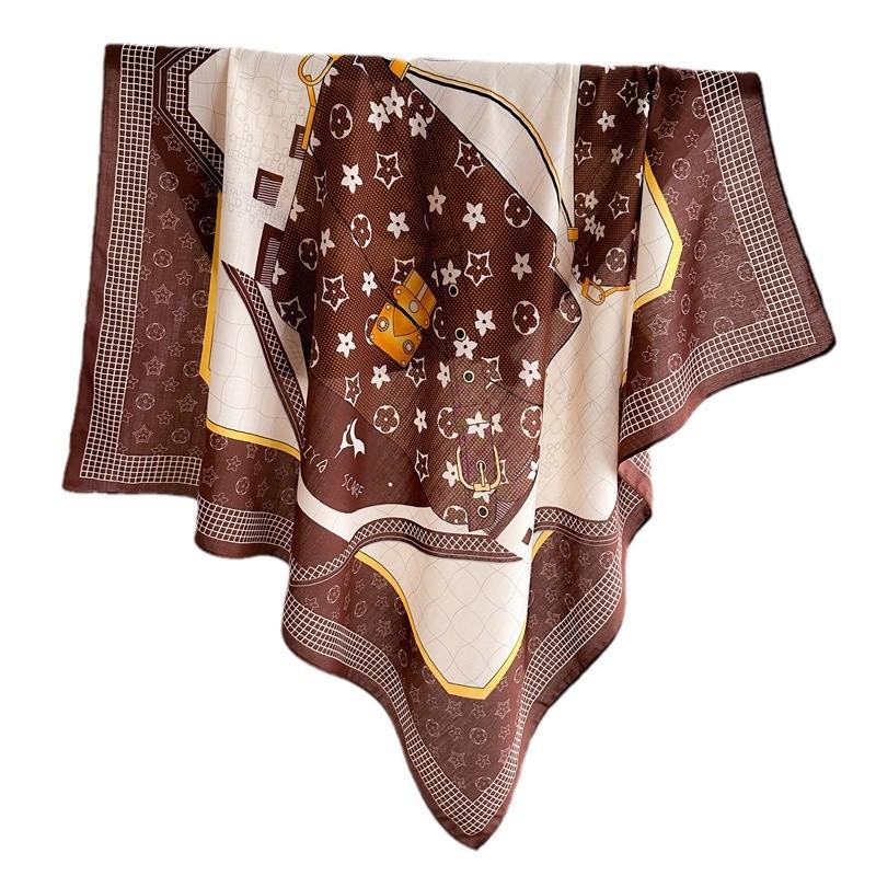 New 91 large square scarf simulation silk versatile herringbone pattern shawl scarf flower retro printing headscarf scarf