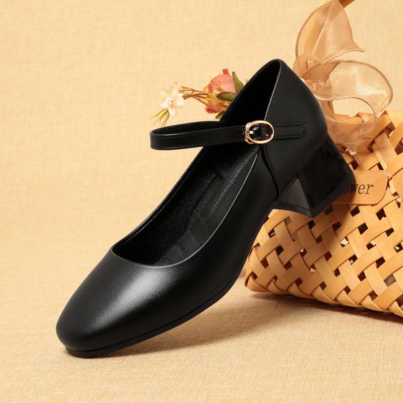 One-word buckle work shoes black tooling shoes interview commuter single shoes thick heel women's shoes women's leather shoes