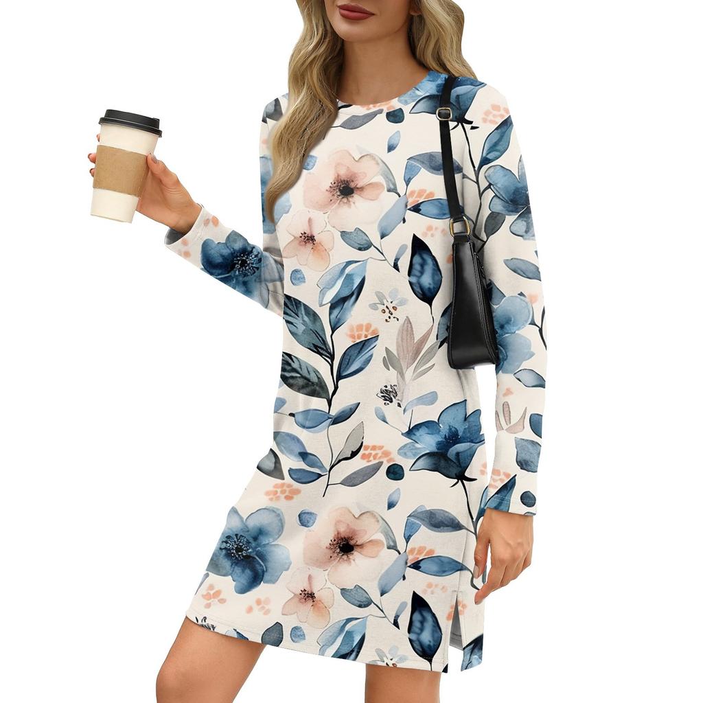 Dámská móda Ležérní šaty s kulatým výstřihem a dlouhým rukávem s rozparkem na půl lemu