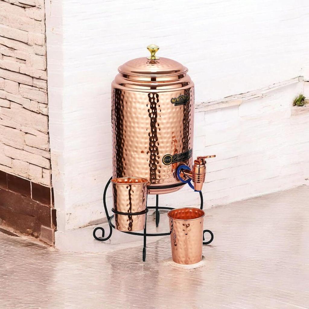 Copper Water Dispenser Set – 5 litres | Hammered Natural Finish | Includes Stand, 2 Glasses & ABS Tap | Ayurvedic Tamra Jal Water Storage Pot