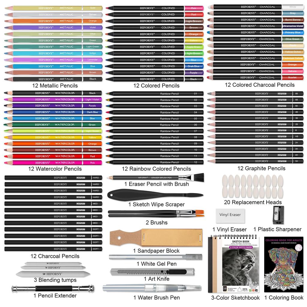 HIFORNY Drawing Sketch Art Coloring Black Colored Charcoal Blending and More Set, Kit, Supplies, 3-Color Sketchbook, Book, Rainbow, Watercolor,