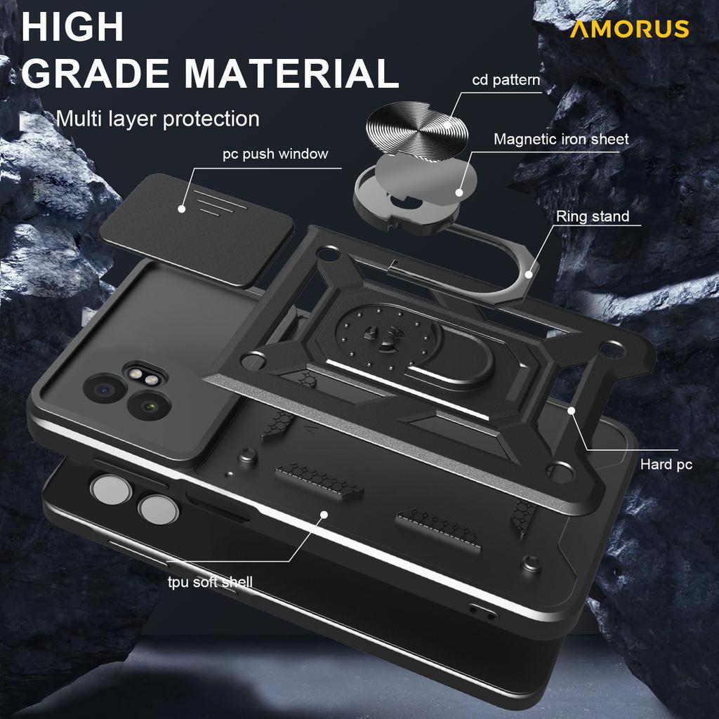 AMORUS For Samsung Galaxy XCover7 Pro Case Kickstand PC+TPU Phone Cover with Camera Lens Slider