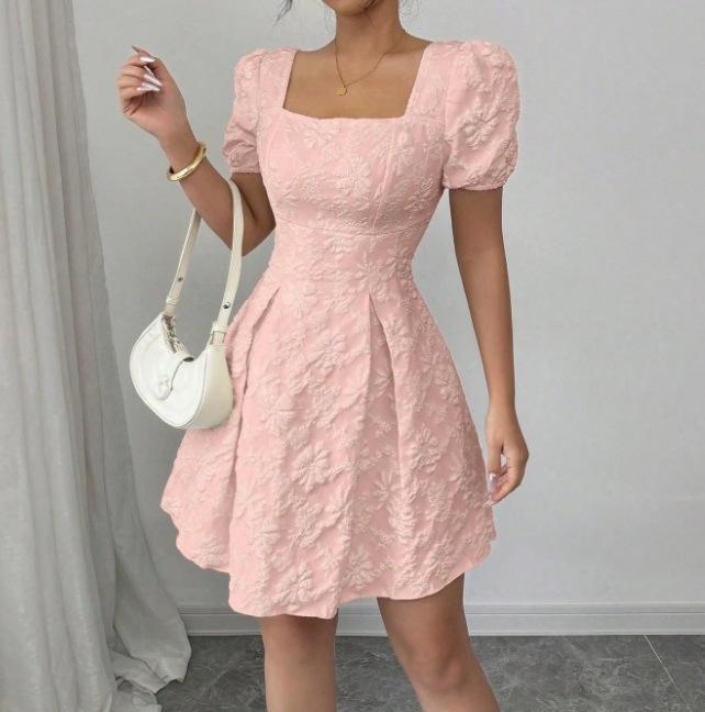 Spring and summer European and American temperament elegant bubble sleeves show height A square neck dress women's clothing