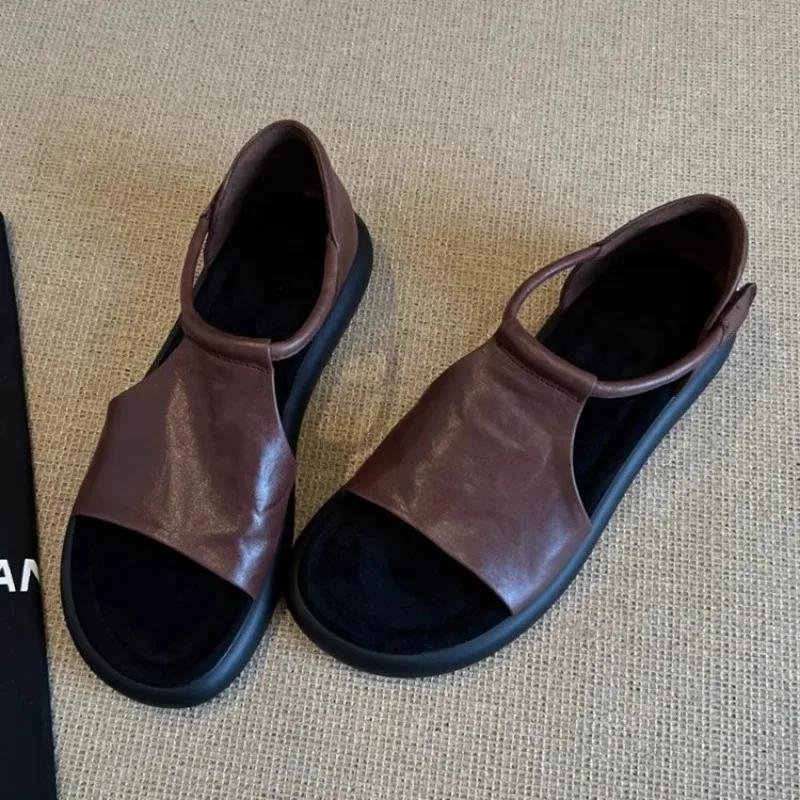 Women Open Toe Flat Sandals 2025 Summer New Retro Soft Leather Comfortable Soft Sole Versatile Women's Rome Shoes