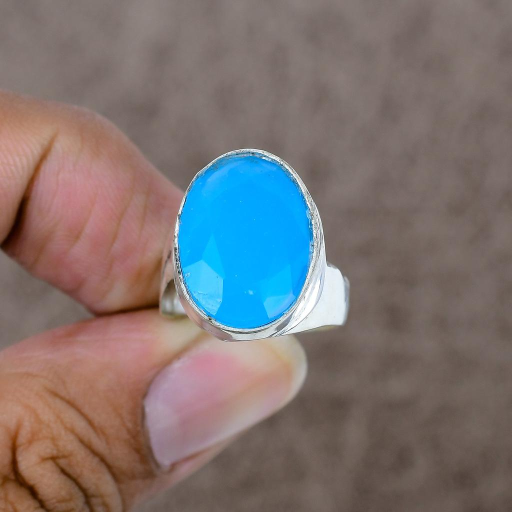 Blue Chalcedony Genstone Handmade 925 Sterling Silver Jewelry Ring Size 8 KKG-540
