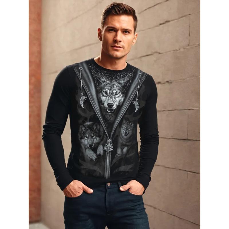 

Round Neck 3D Wolf Printed Top Fashionable Casual Long Sleeved Men s T-shirts 5XL