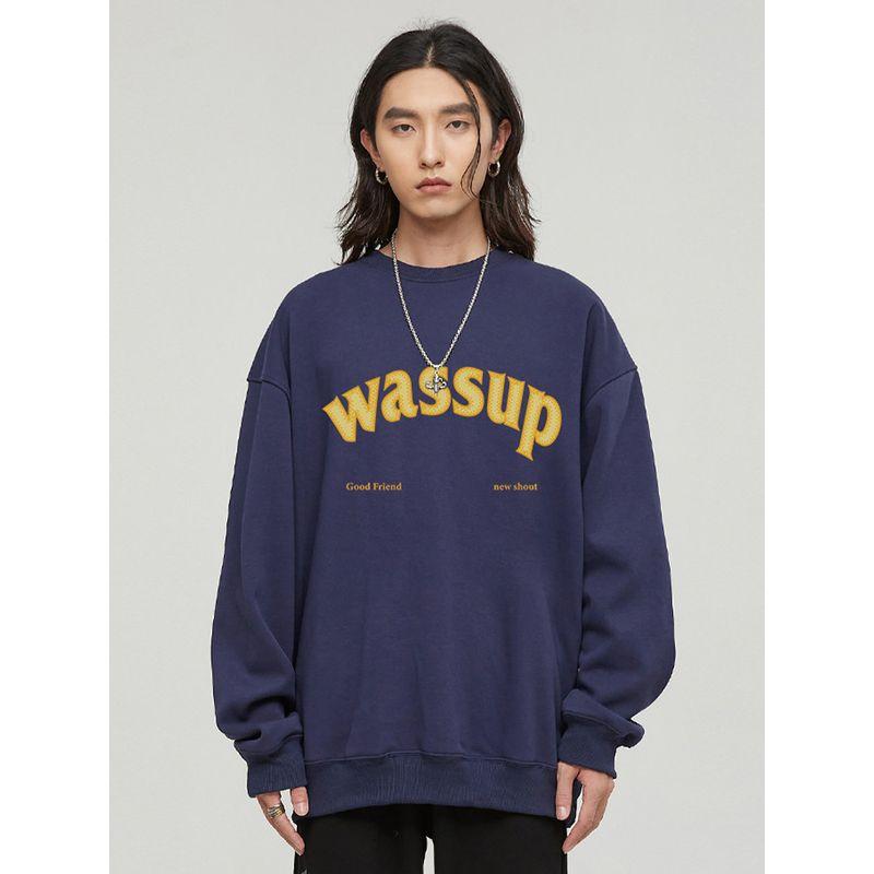 Wassup Heods Heavyweight Sweatshirt for Men, Fleece-Lined, American High Street Fashion Brand, Autumn and Winter Couple Style, Crew Neck Pullover Top