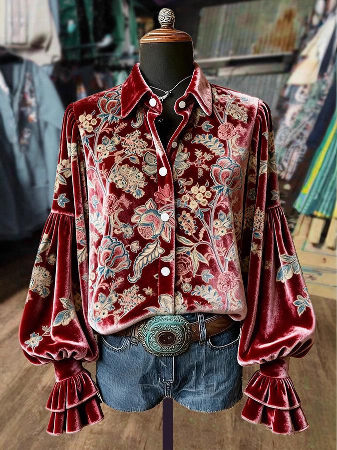 3D Pattern Fashionable Women's Long Sleeve Lapel Shirt with Pockets