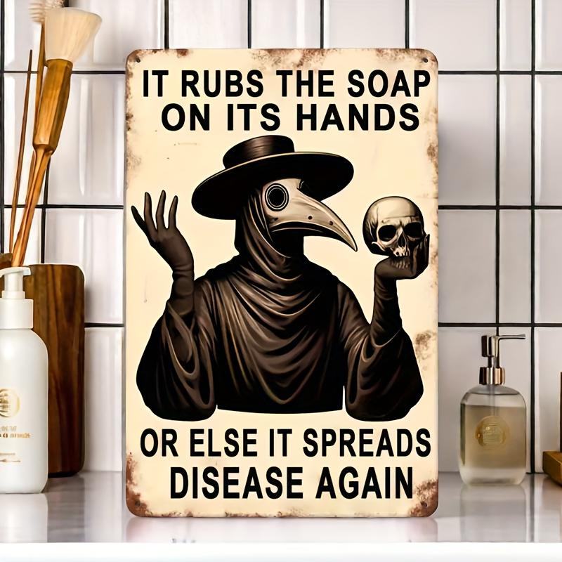 

1pc Gothic Plague Doctor Aluminum Sign - Vintage Hand Washing Reminder Wall Hanging Art for Bathroom & Home Decor 20x30cm（7.8x11.8inch）