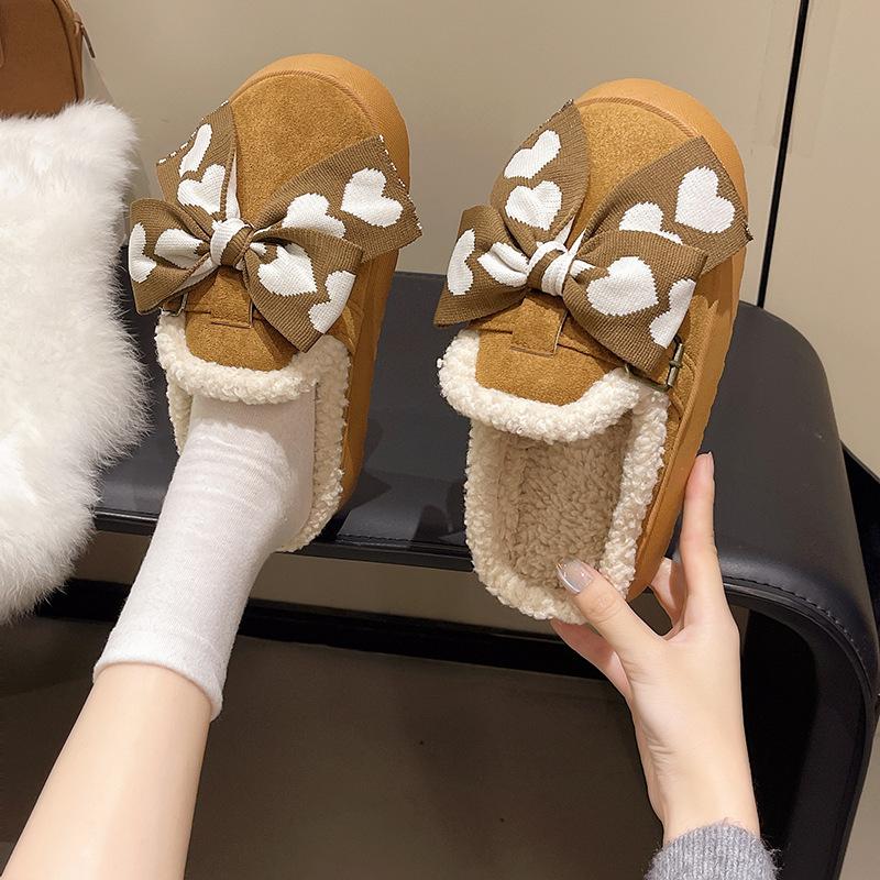 Fleece warm bow cotton slippers women's winter ins tide Korean version soft thick bottom cotton mop fashionable outer wear casual cotton mop