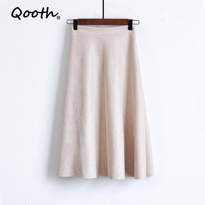 Qooth Women's Suede Fabric Midi Skirt Vintage Flared A-Line Skirt with Wide Hem for Autumn Winter QT2252
