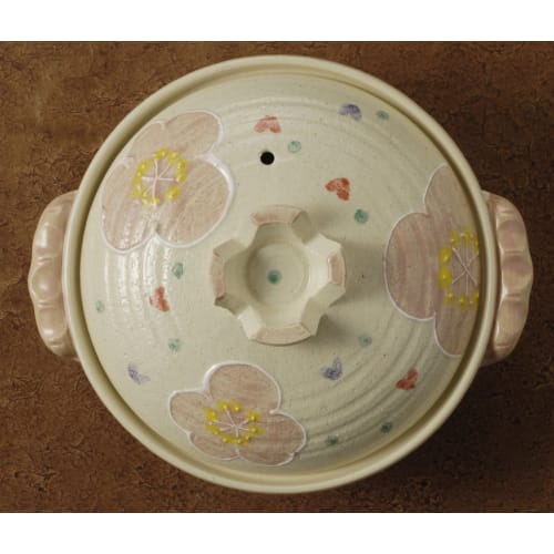 Banko Ware Earthenware Pot (Deep Pot) No. 8, Serves 3-4, Pink Flower Pattern, 13696
