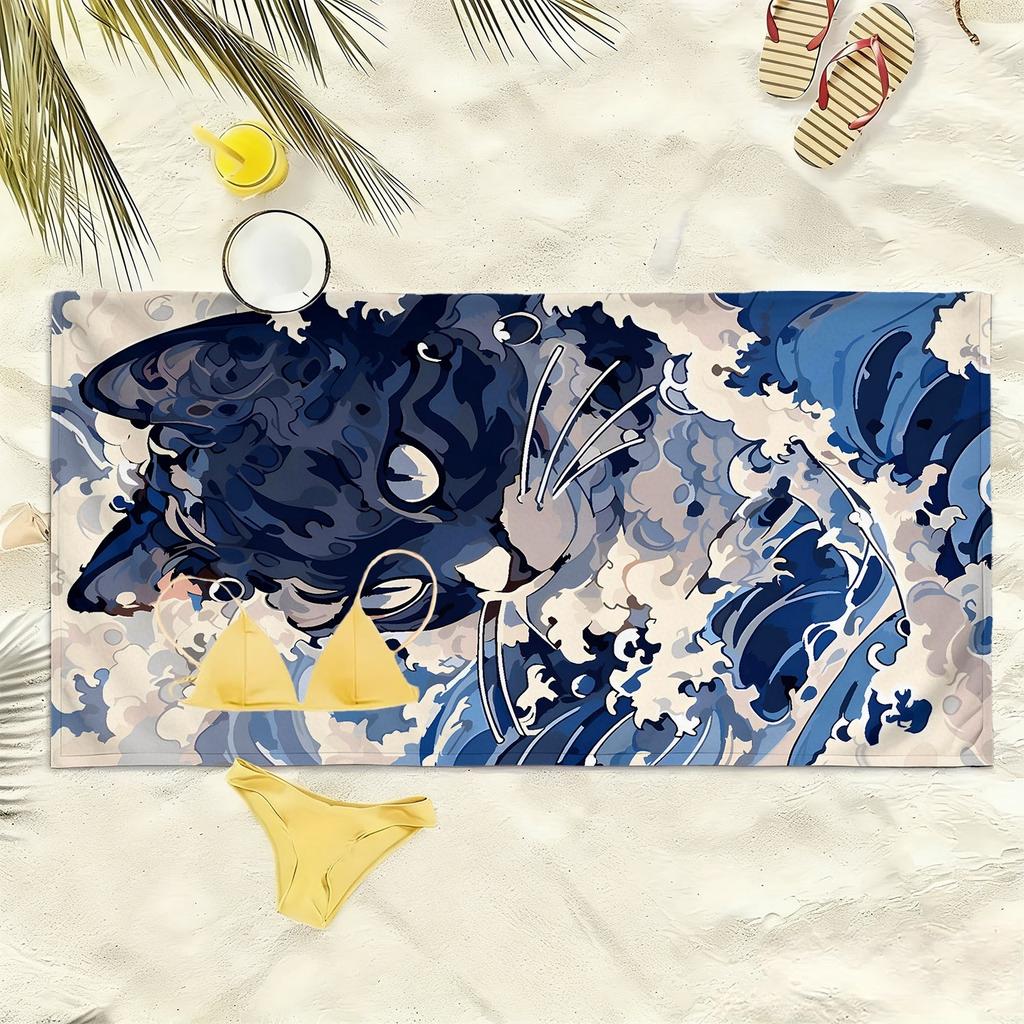Dark blue cat with waves pattern polyester microfiber beach towel is highly absorbent, suitable for swimming and beach outings
