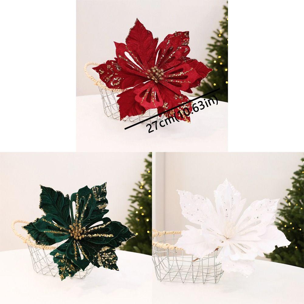 Flocking Velvet Artificial Poinsettia Realistic Holiday Xmas Flower Decor  Photo Props