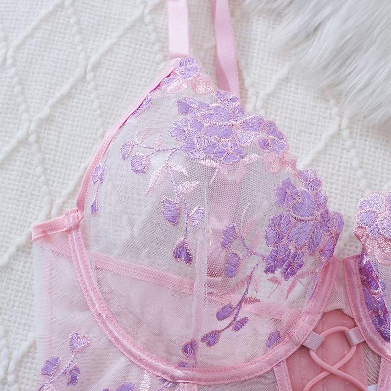 European & American Floral Lace Strappy Lingerie Set - Pink & Purple Push-Up Mesh