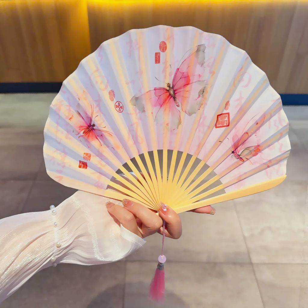 Elegant Pear Blossom Shell Fan, Fairy-Like Butterfly Ancient Style Fan, Hanfu Photo Shoot Folding Fan, Chinese Style Summer Cooling Fan, Portable