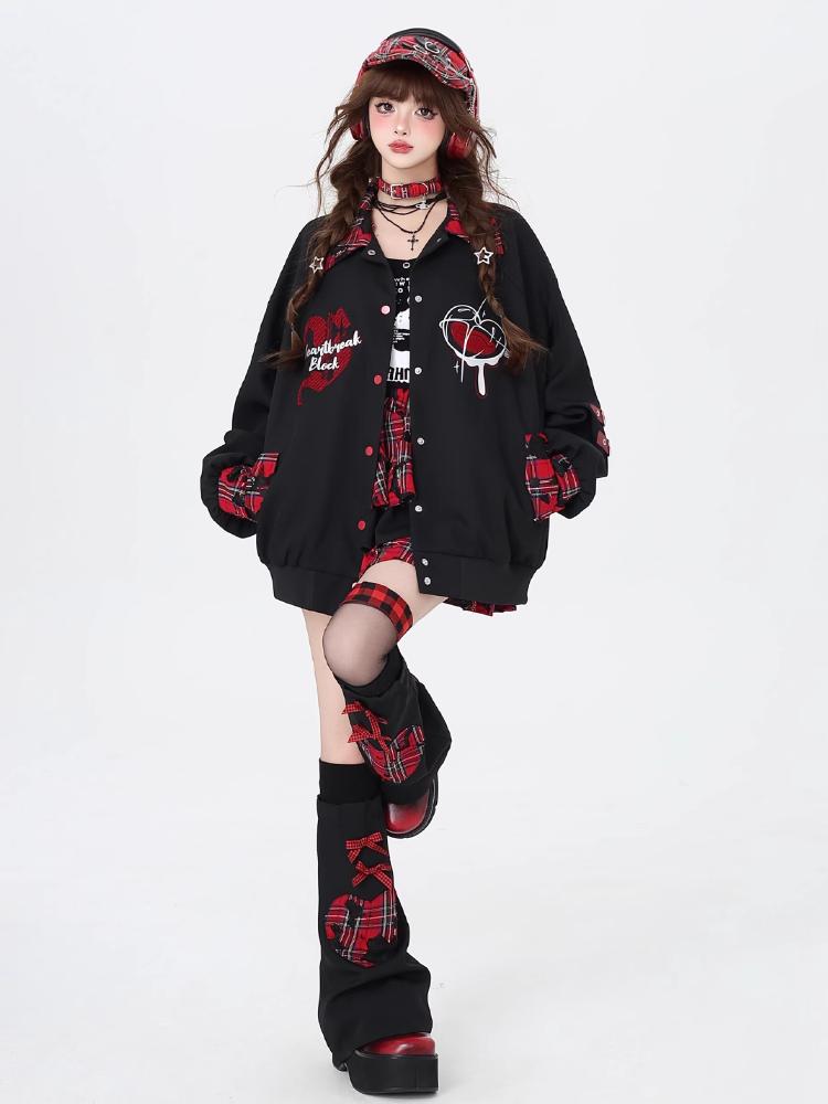Autumn Winter Punk Harajuku Coats American Vintage All Match Casual Commuter Loose Jackets Constrast Color Japan Print Clothing