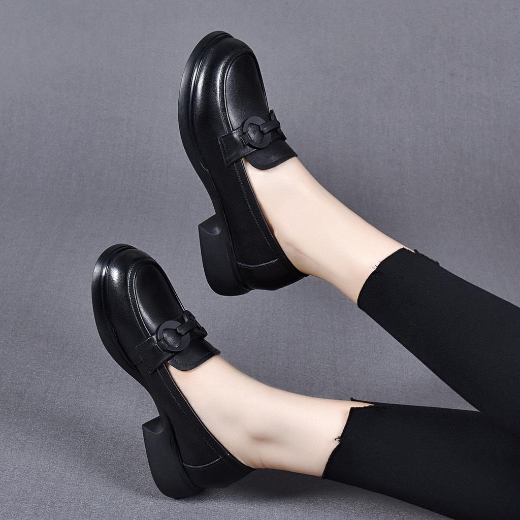 Flat Shoes Women's Shoes Autumn New Round Head Round Buckle Small Leather Shoes College Style First Layer Cowhide Comfortable Four Seasons Shoes