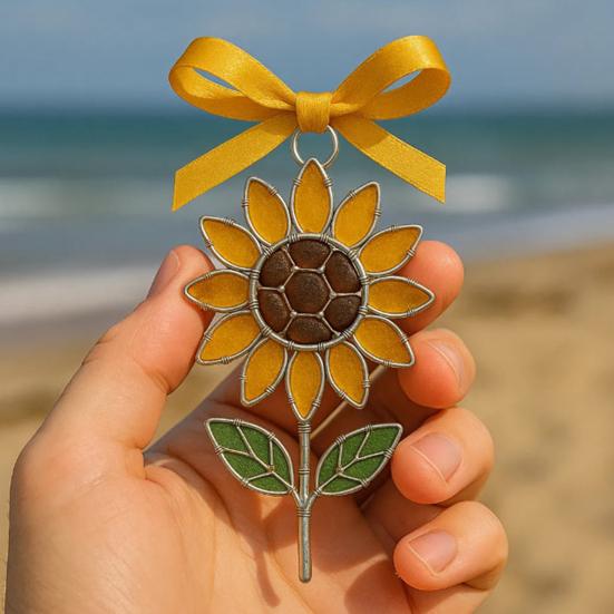 Yousheng Sunflower Sea Glass Ornament Handmade Acrylic Sunflower Xmas Tree Hanging Decor Rustic Vintage Suncatcher for Living Room Farmhouse Wall