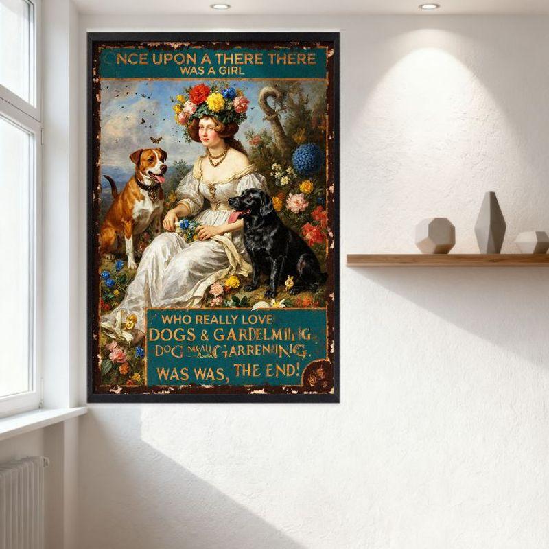 Vintage Es war einmal Mädchen mit Hunden & Garten Metallblechschild - Dekor im Stil des 19. Jahrhunderts für Bar Pub Zuhause Cafe Wandkunst