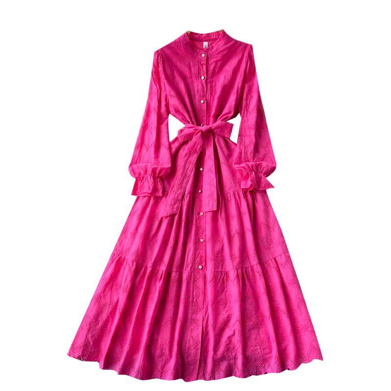 French Style Retro Stand Collar Single-Breasted Long Sleeve Waist-Tight Dress Women's Sweet Machine Embroidery Crocheted Long Vacation Skirt