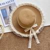 Summer Womens Sun Hat With Lace Ribbon Wide Brim Sun Protection Outdoor Beach Accessory