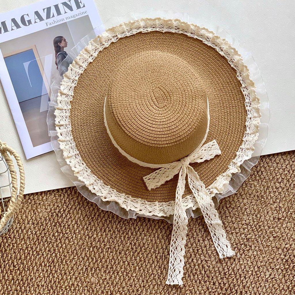 Summer Womens Sun Hat With Lace Ribbon Wide Brim Sun Protection Outdoor Beach Accessory