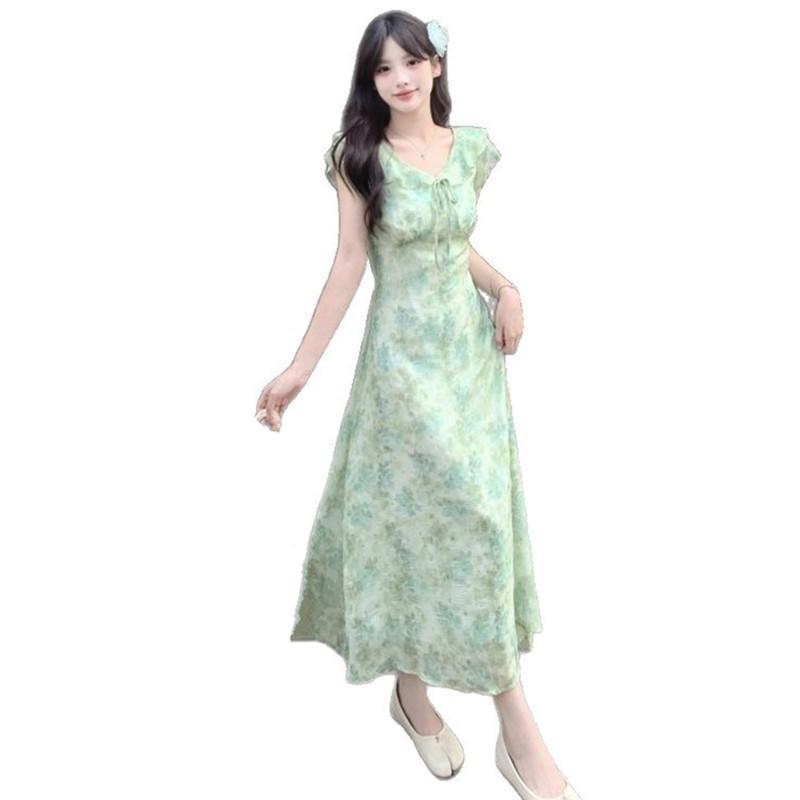 With inner lining, French green small flying sleeve floral dress, women's summer seaside vacation sleeveless waist dress