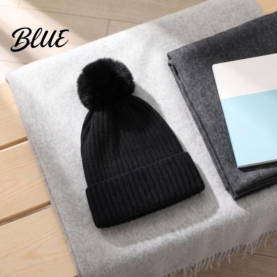 Cozy Fleece Lined Thick Cuffed with Fluffy Knitted Hat Style Winter Fur Ball Warm Cap