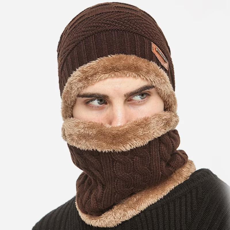 Winter Warm Hat Scarf Set for Men Women Thickened Velvet Outdoor Riding Hat Beanies Windproof Cold-Resistant Knitted Scarf Cap