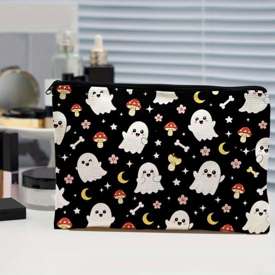 Student Stationery Pencil Pouch Cosmetic Bag, Halloween Pattern Print Makeup Canvas Anti Pilling Bag Zipper Pouch, for Change Data Cable Storage