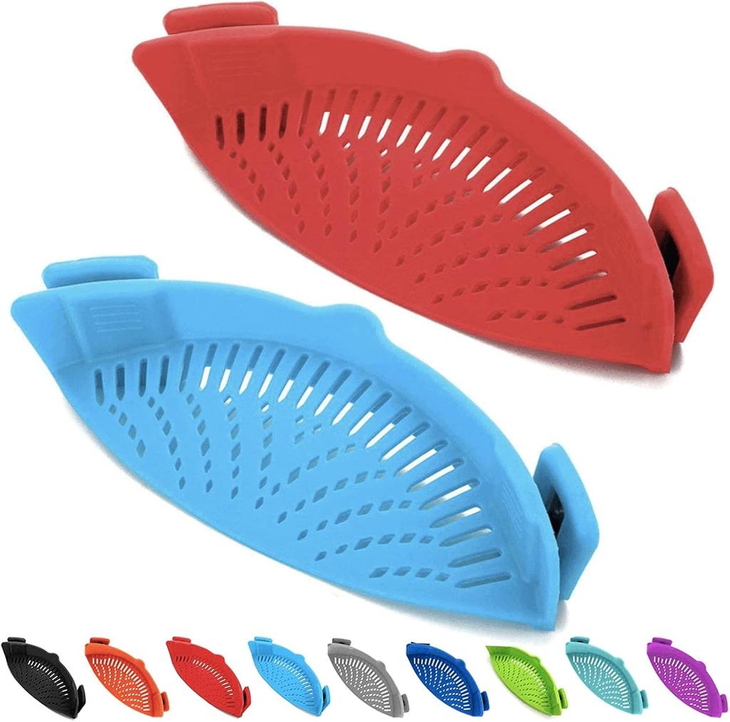 2 Pcs Silicone Clip on Strainer for Pasta Meat Vegetables Fruit, - Fit All Pots and Bowls.