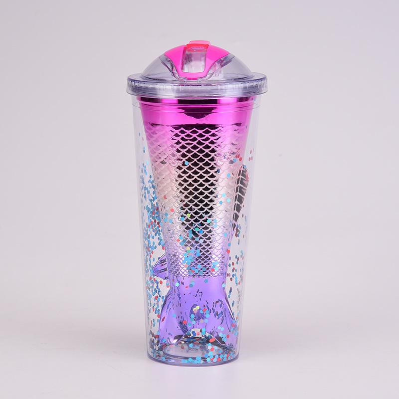 Double Layer Plastic Cup Creative Gradual Change Mermaid Tail Straw Cup Appearance Electroplating Color Sequined Water Cup