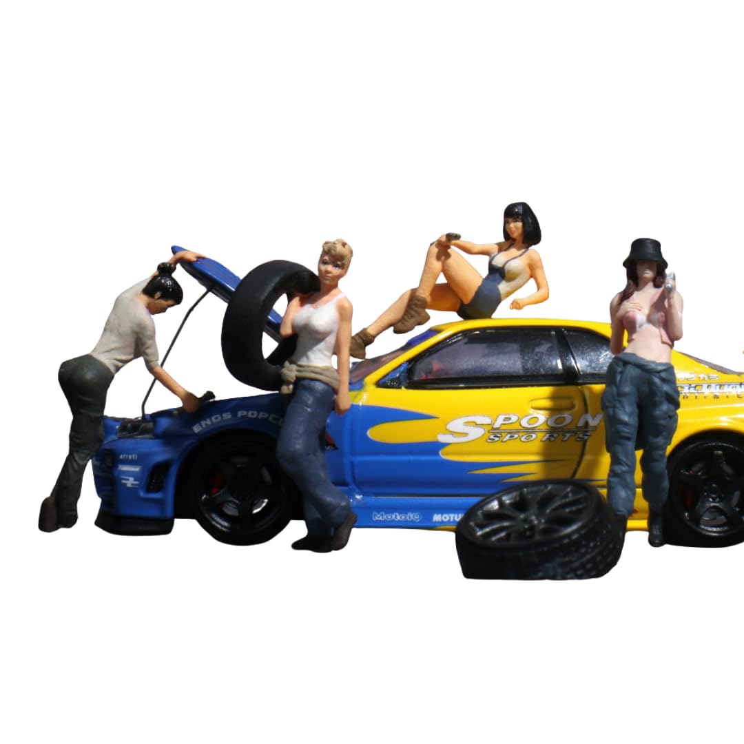 Moreart 164 Miniature Figure 4-Piece Set MO223066: Female Model, Mechanic, Model Diorama, Miniature Car [Used]