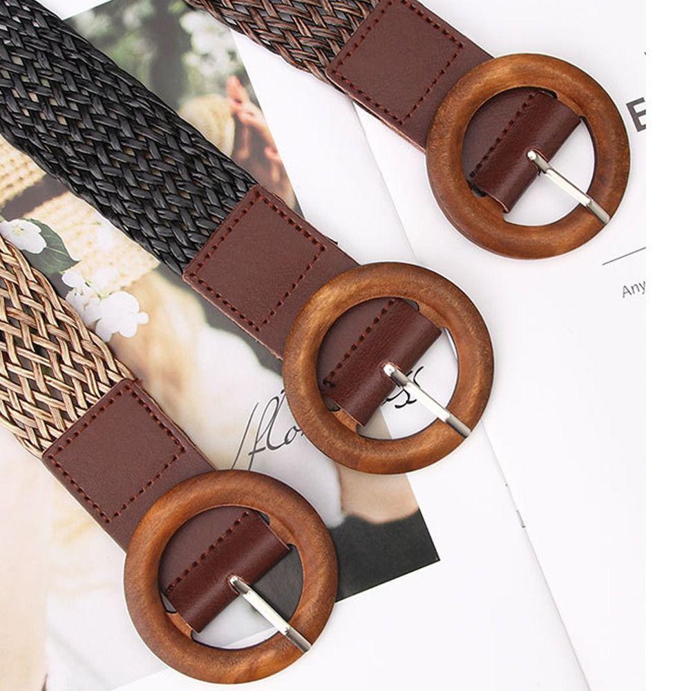 Braided Casual Weave Waist Band Ladies Dress Cummerbands Wooden Buckle Waistband Bohemian Wide Belt