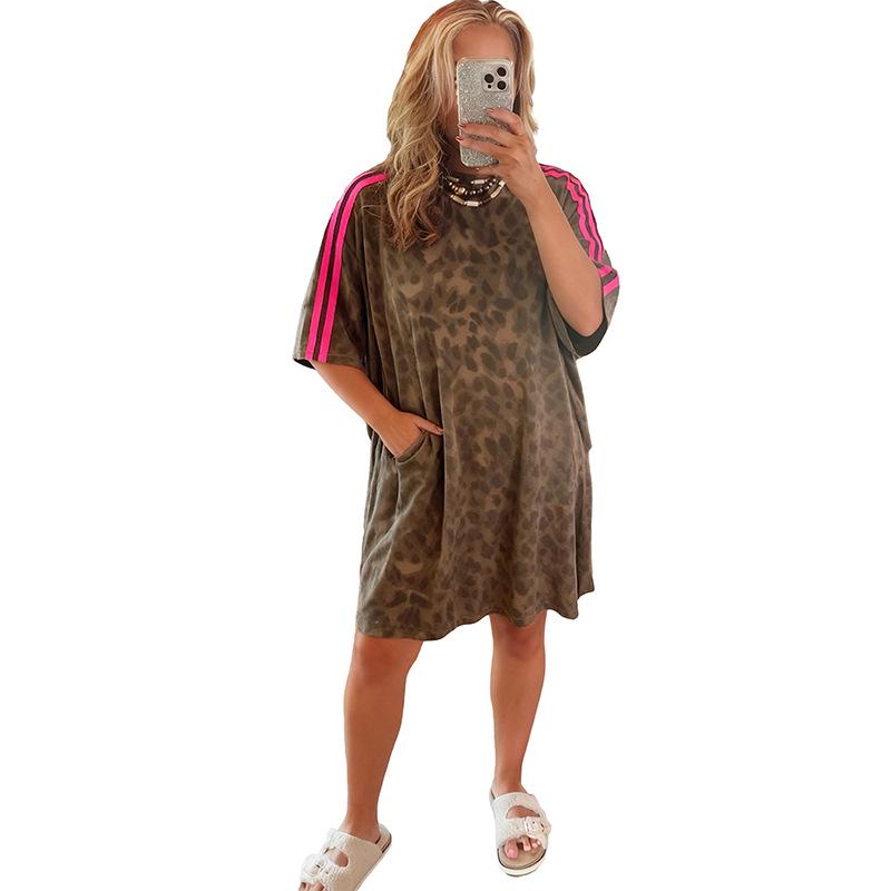 2026 Leopard Print Color Block Round Neck T-shirt Dress - Women s European  American Fashion Trend S