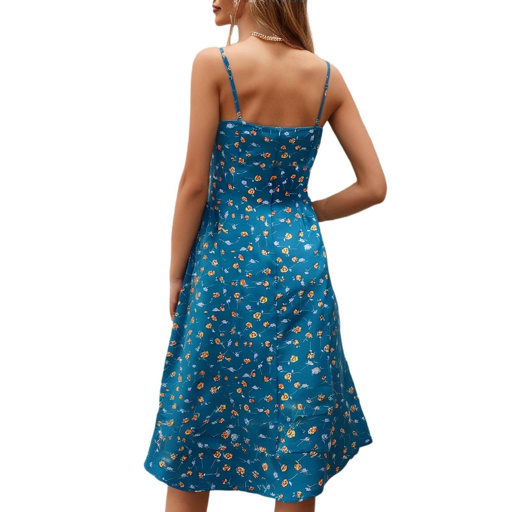 Women Summer Floral Midi Dresses Casual Spaghetti Strap Sleeveless Ruched Split Slit Long Dresses