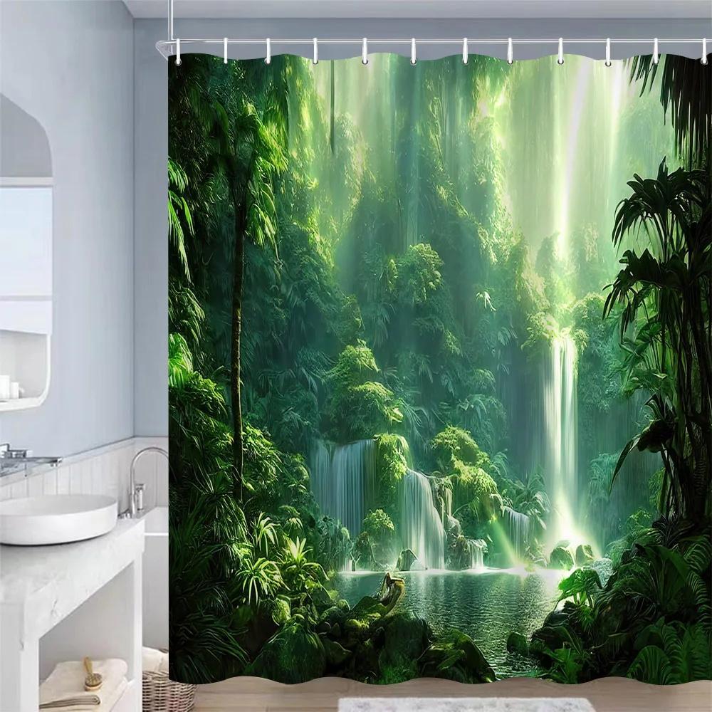 Nature Landscape Showewer Curtains Forest Green Plant Trees Bathroom Curtain Polyester Fabric Bath Decor for Home