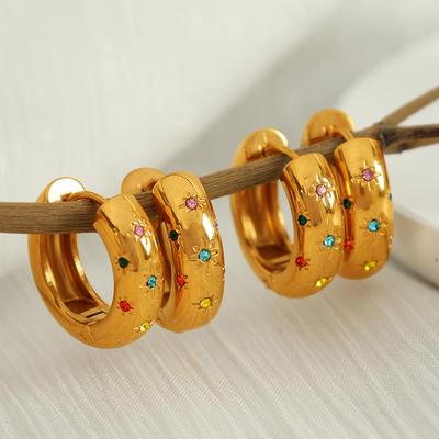 European & American Fashion Light Luxury Colored Diamond Hoop Earrings with Eight-Pointed Star Ear Cuffs for Women