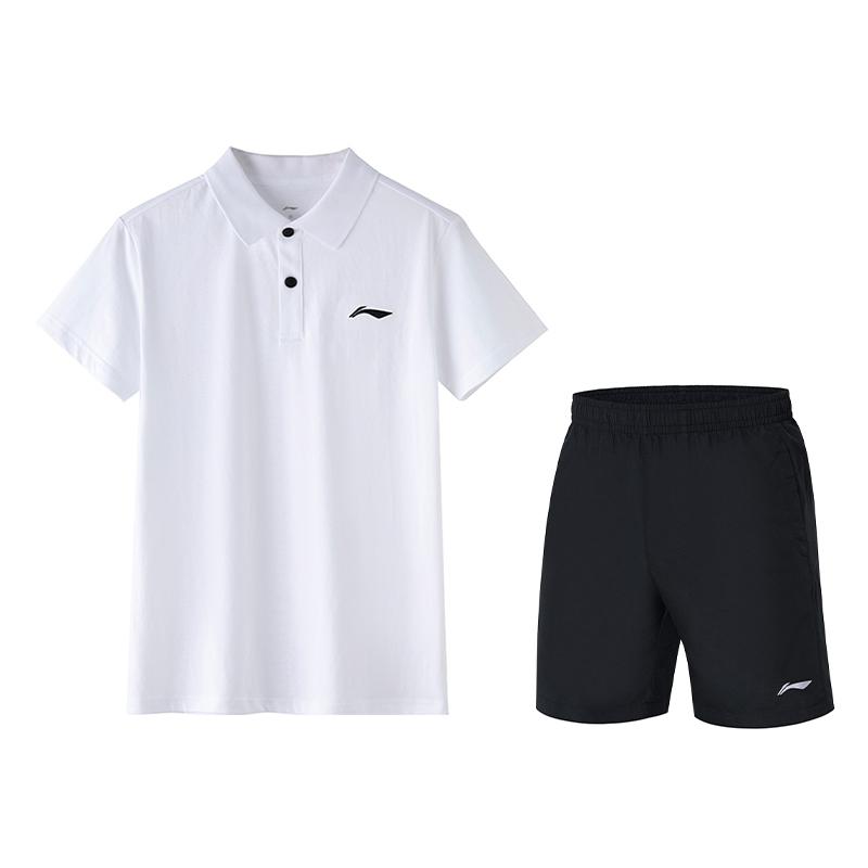 

Li-Ning Однотонная дышащая рубашка поло, быстросохнущие шорты, повседневный спортивный комплект, мужские комплекты, белый APLT137-2+AKSS561-1 XL