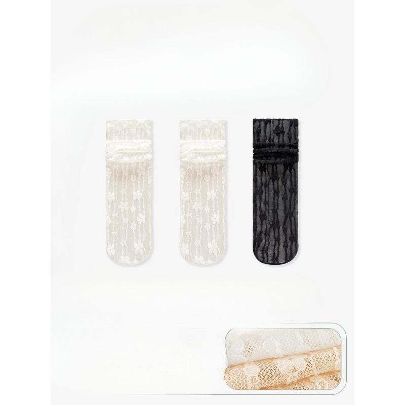 3 Pairs of Women's Summer Thin Lace Flowers In The Tube Pile Socks