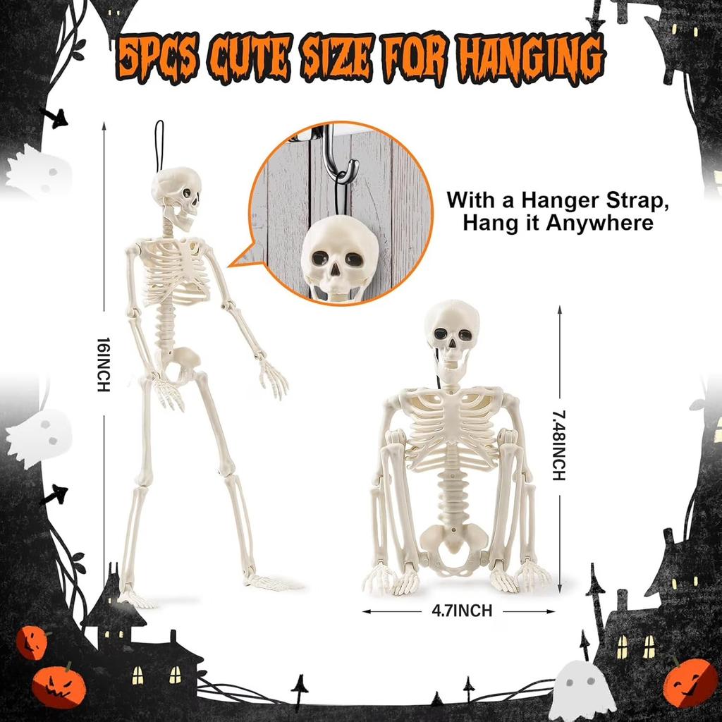 Halloween Skeleton Decoration 5 Pack - 16 Inch Plastic Human Skeleton with Movable Joints, Standing for Party Decor