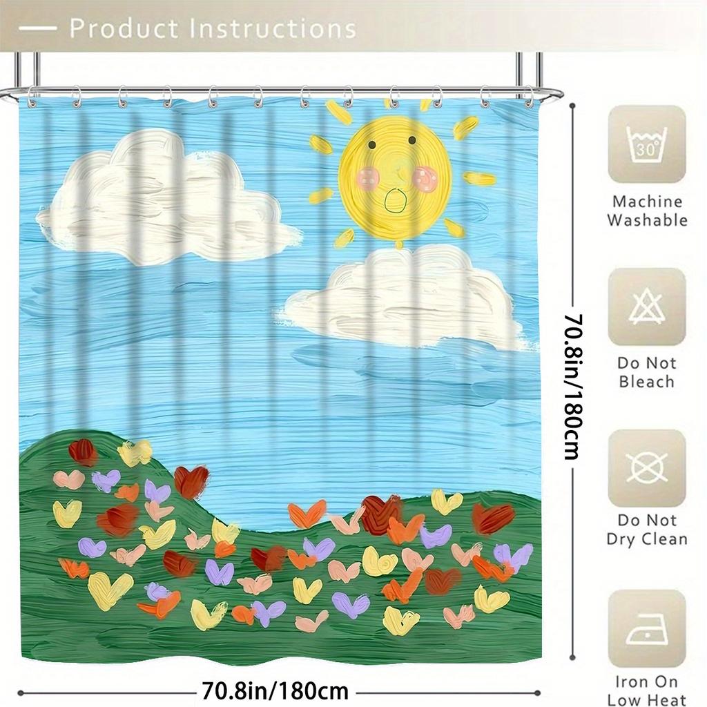 4pcs shower curtain set with 12 hooks - shower curtain, non-slip bath mat, toilet seat cover and U-shaped rug - machine