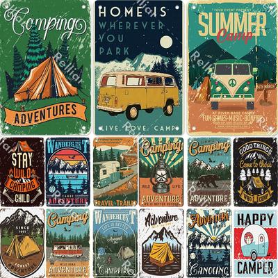 Retro Happy Camper Decor Plate Outdoor Adventure Metal Tin Sign Wild Life Symbol Ornament Poster Home Bar Club Decoration Plaque