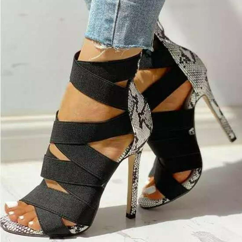 Women Pumps Snake Pattern High Heels Roman Pointed Toe Women's Shoes Back Zipper Thin Heel Sandals Fashion Elastic Casual Shoes