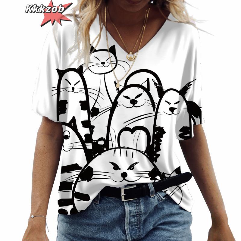 Anime Katzen-Print Damen T-Shirt 2024 Mode Harajuku Kleidung V-Ausschnitt Übergroß Kurzarm T-Shirts Damen Casual Streetwear Bluse