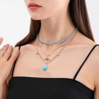 Retro Ethnic Style Turquoise Collarbone Necklace, Simple Metal Eyes Stacked Necklace